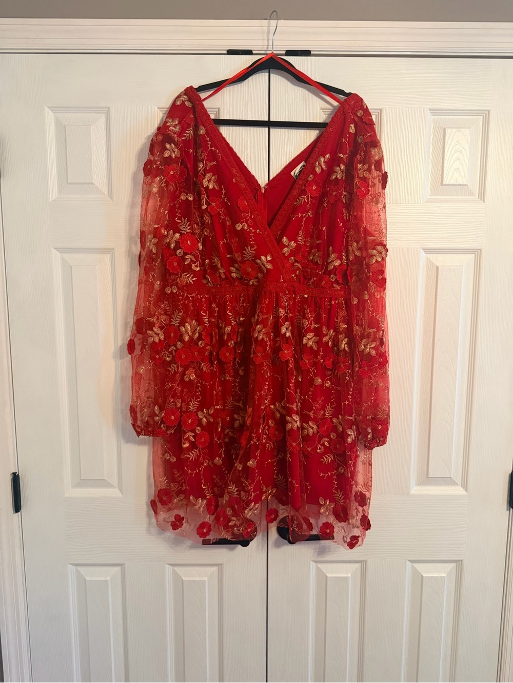 Arula Red Floral Embroidered V-Neck Dress